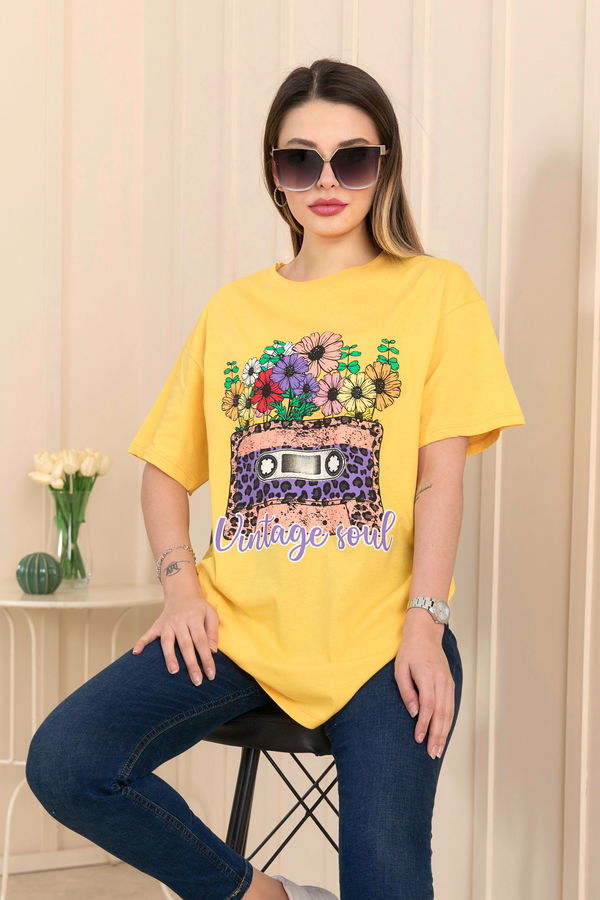 Düz Bisiklet Yaka Kadın Sarı T-Shirt - 22254
