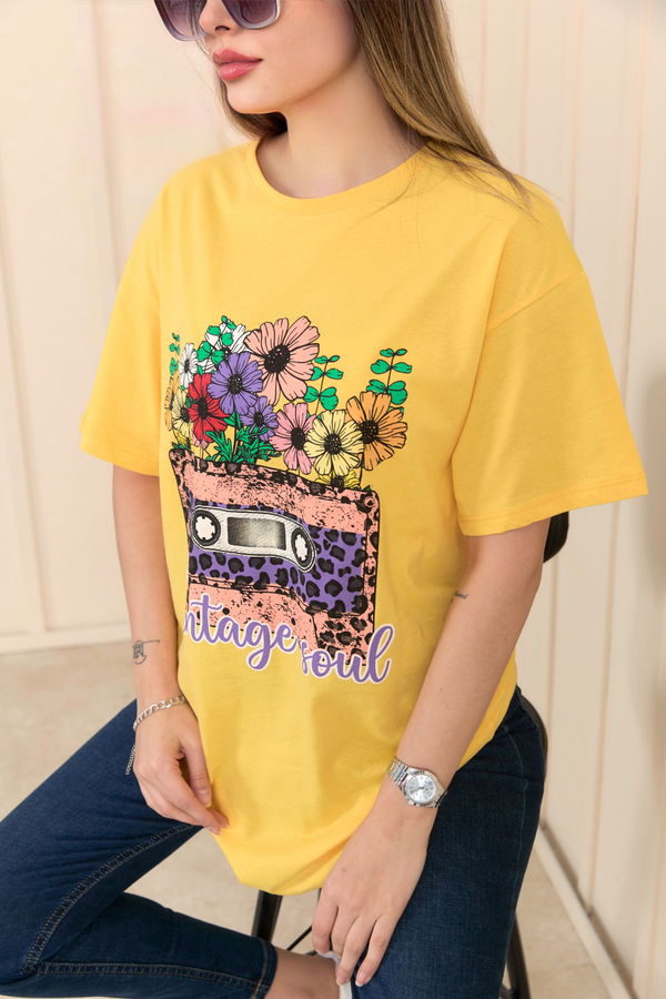 Düz Bisiklet Yaka Kadın Sarı T-Shirt - 22254