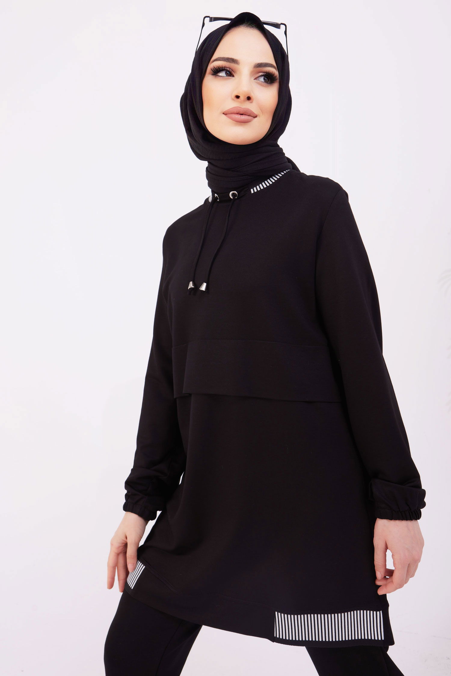 Düz Bisiklet Yaka Kadın Siyah Tunik+Pantolon - 22062 SİYAH