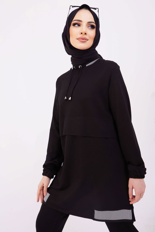 Düz Bisiklet Yaka Kadın Siyah Tunik+Pantolon - 22062 SİYAH