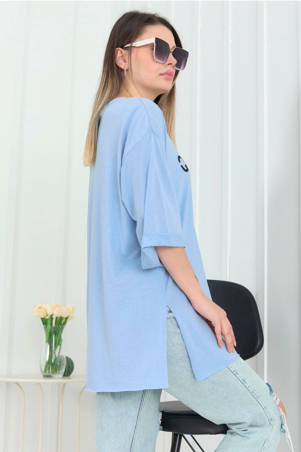 Düz Bisiklet Yaka Kadın Mavi T-Shirt - 22272 MAVİ