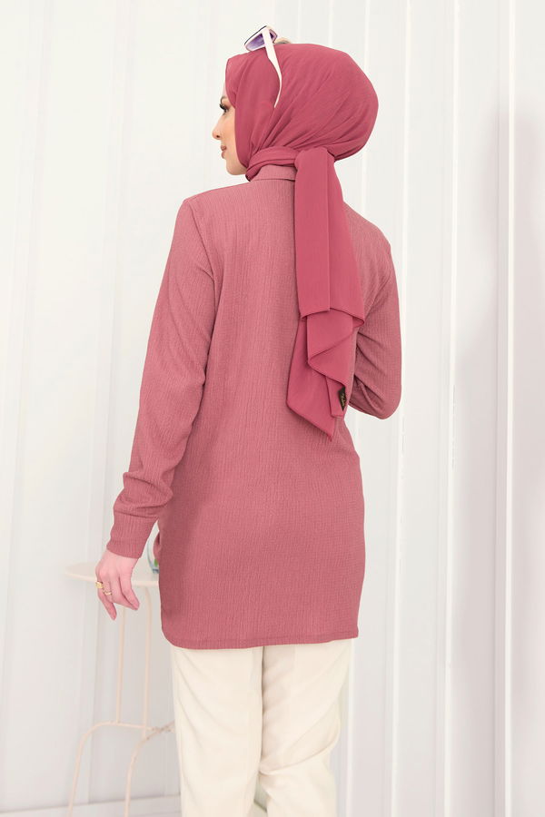Düz Gömlek Yaka Kadın Pembe Tunik - 22085 PEMBE