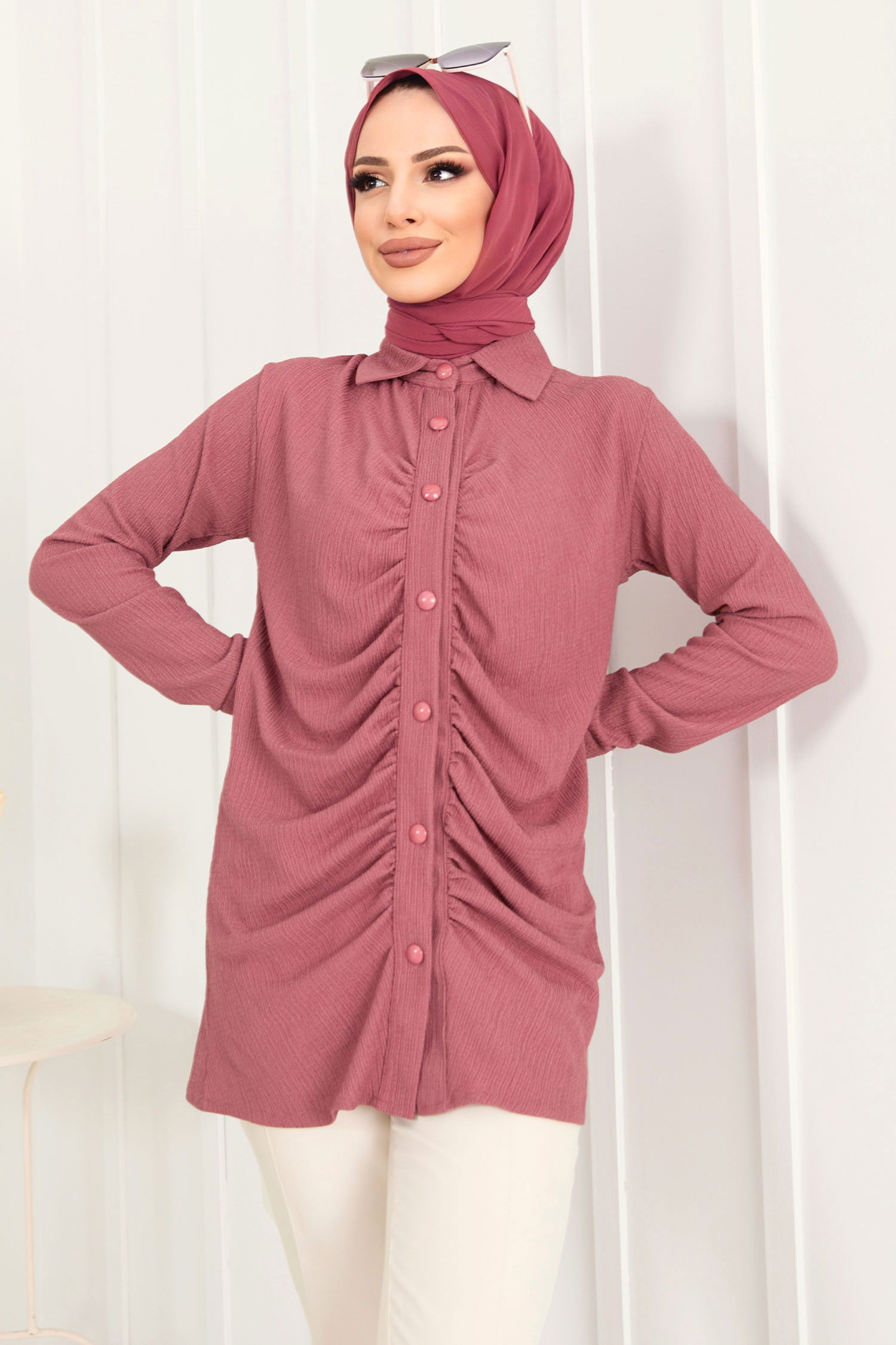 Düz Gömlek Yaka Kadın Pembe Tunik - 22085 PEMBE
