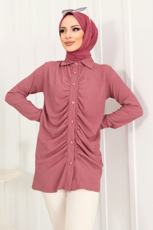 Düz Gömlek Yaka Kadın Pembe Tunik - 22085 PEMBE