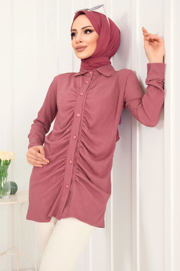 Düz Gömlek Yaka Kadın Pembe Tunik - 22085 PEMBE
