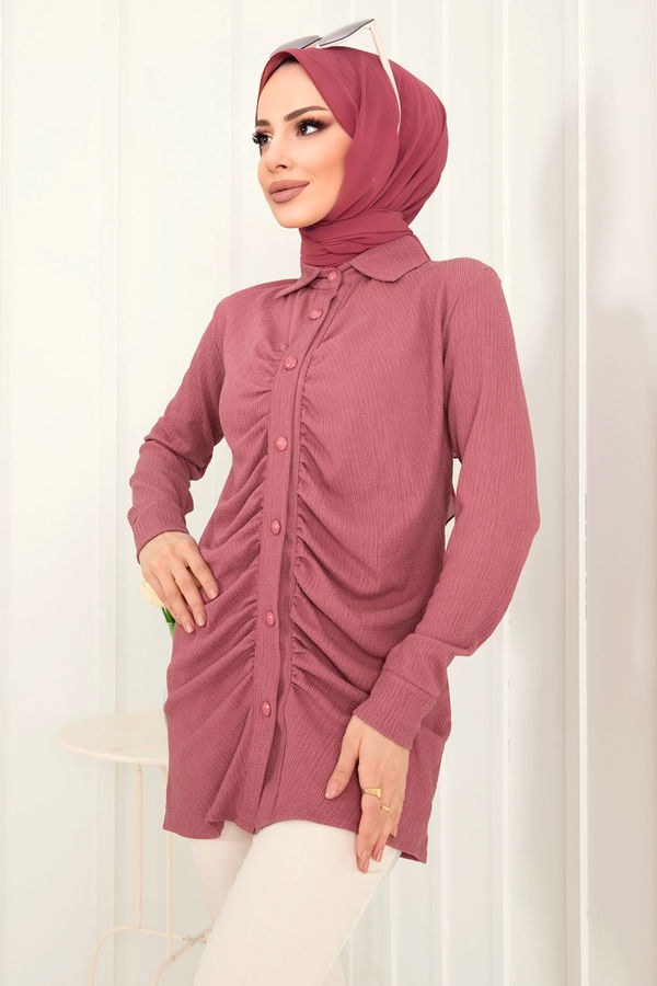 Düz Gömlek Yaka Kadın Pembe Tunik - 22085 PEMBE