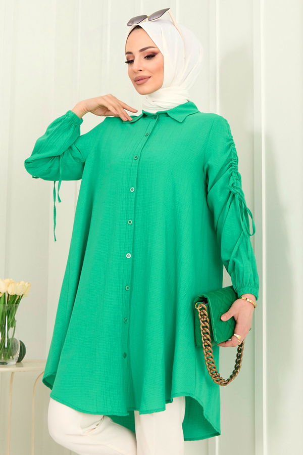 Düz Gömlek Yaka Kadın Yeşil Tunik - 22262