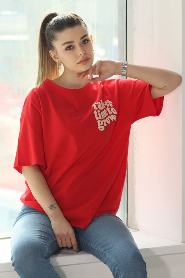 Düz Bisiklet Yaka Kadın Kırmızı T-Shirt - 22312