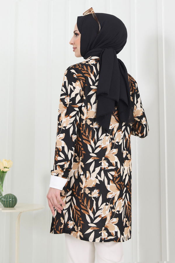 Düz Bisiklet Yaka Kadın Siyah Tunik+Hırka - 22287 SİYAH