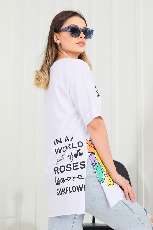 Düz Bisiklet Yaka Kadın Beyaz T-Shirt - 22370