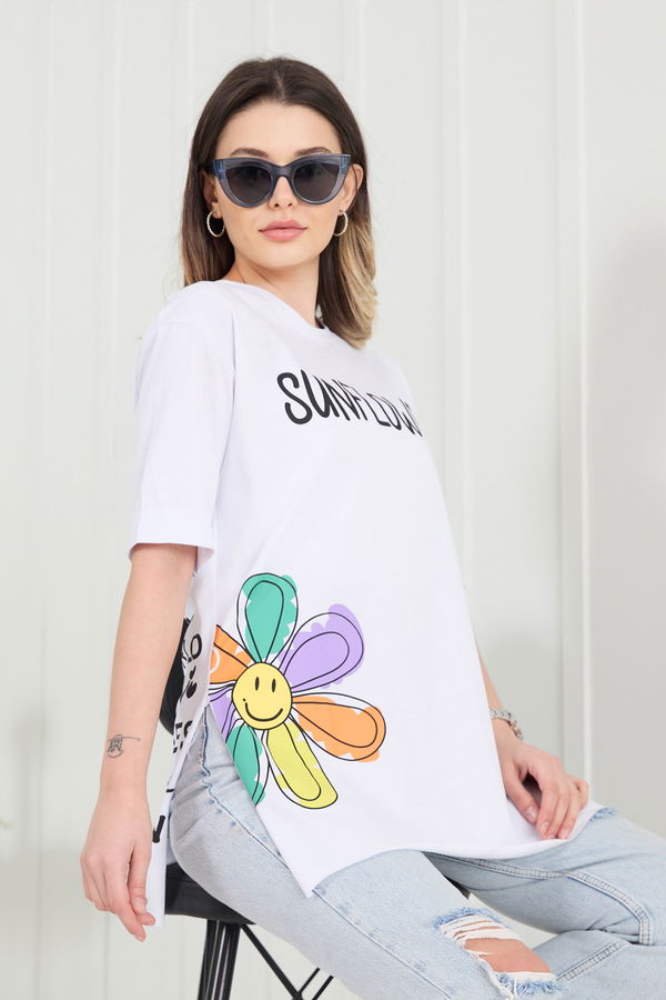 Düz Bisiklet Yaka Kadın Beyaz T-Shirt - 22370