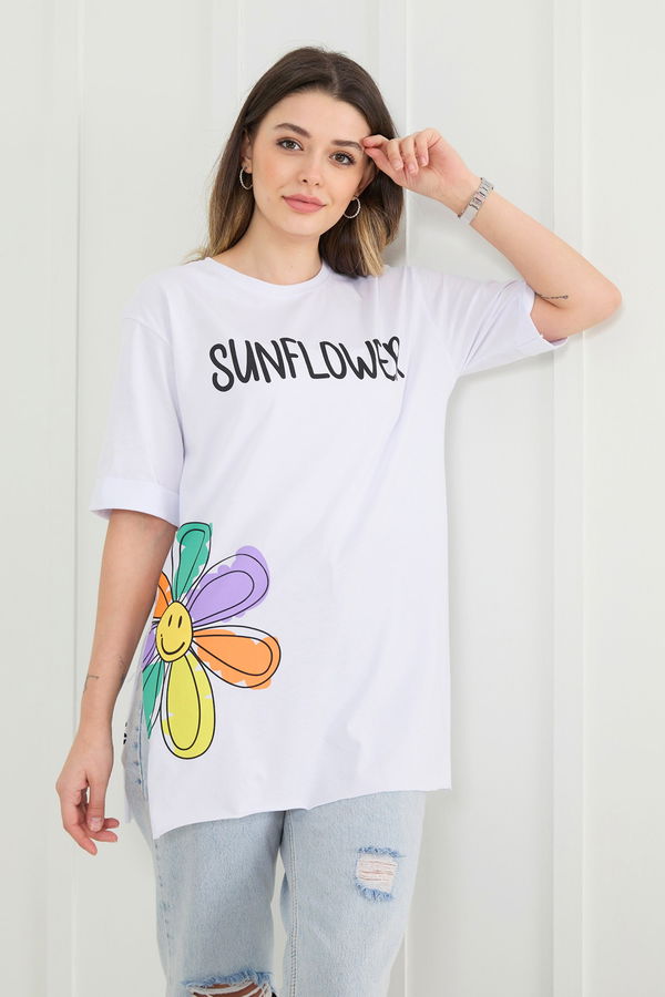Düz Bisiklet Yaka Kadın Beyaz T-Shirt - 22370