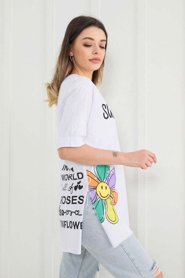 Düz Bisiklet Yaka Kadın Beyaz T-Shirt - 22370