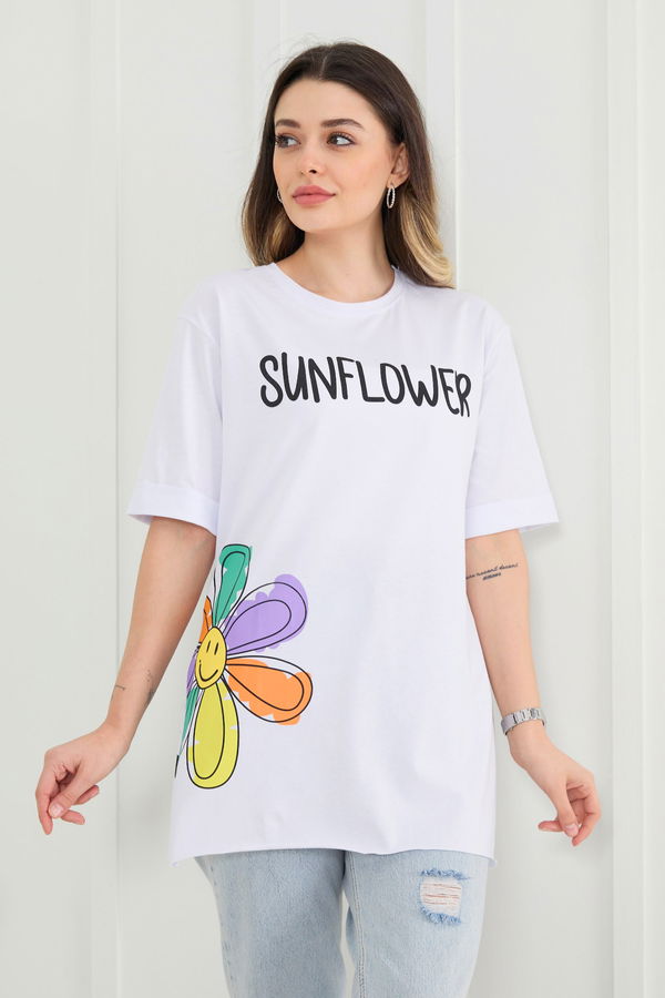 Düz Bisiklet Yaka Kadın Beyaz T-Shirt - 22370