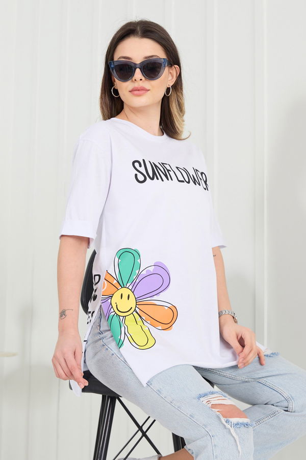 Düz Bisiklet Yaka Kadın Beyaz T-Shirt - 22370