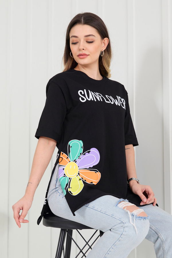 Düz Bisiklet Yaka Kadın Siyah T-Shirt - 22370