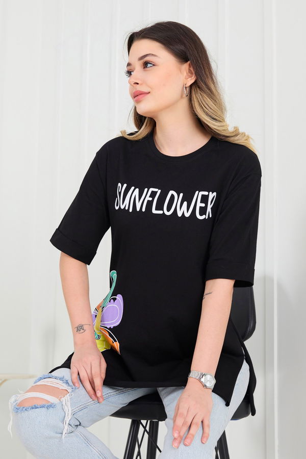 Düz Bisiklet Yaka Kadın Siyah T-Shirt - 22370