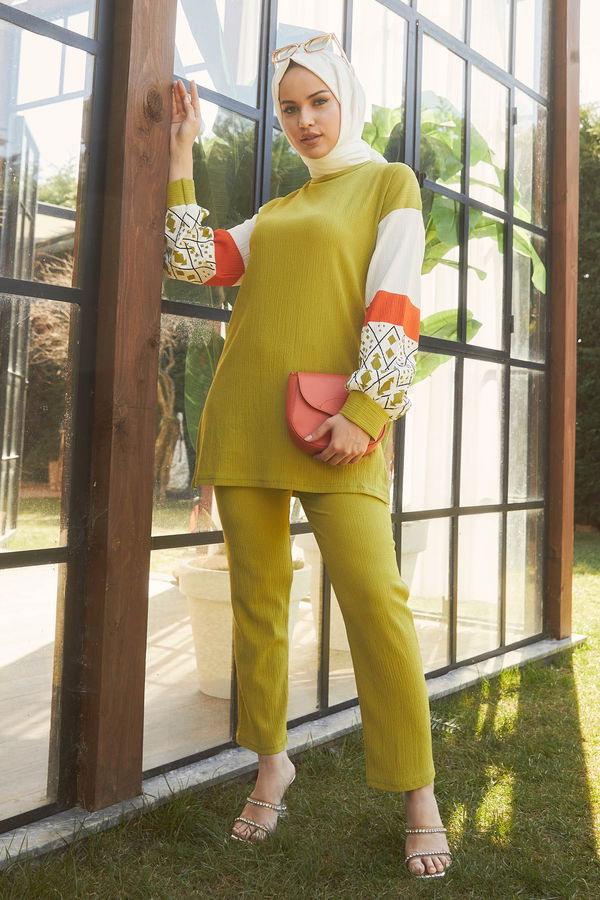 Düz Bisiklet Yaka Kadın Yeşil Tunik+Pantolon - 22267 YEŞİL