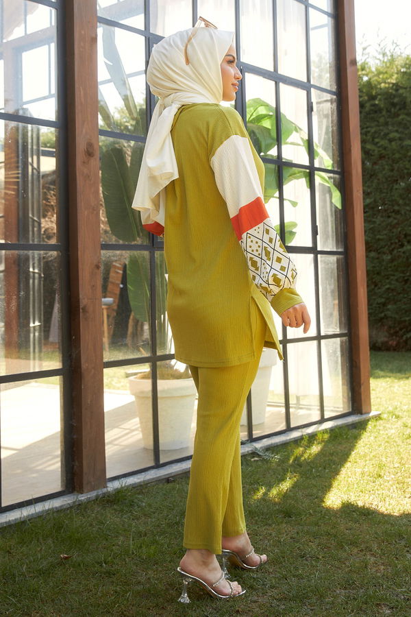 Düz Bisiklet Yaka Kadın Yeşil Tunik+Pantolon - 22267 YEŞİL