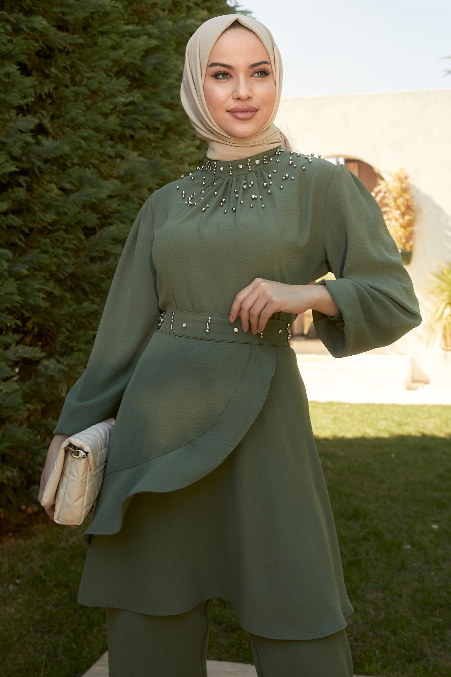 Düz Hakim Yaka Kadın Haki Tunik+Pantolon - 22293 HAKİ