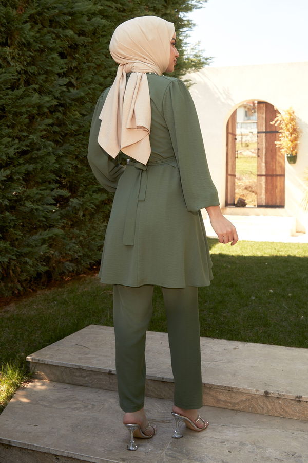 Düz Hakim Yaka Kadın Haki Tunik+Pantolon - 22293 HAKİ
