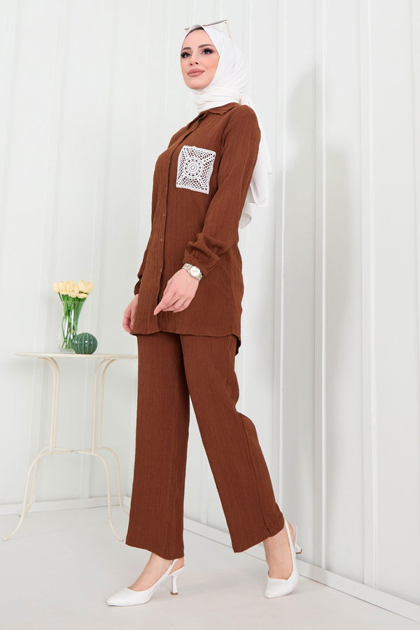 Düz Gömlek Yaka Kadın Kahverengi Tunik+Pantolon - 22290 KAHVERENGİ
