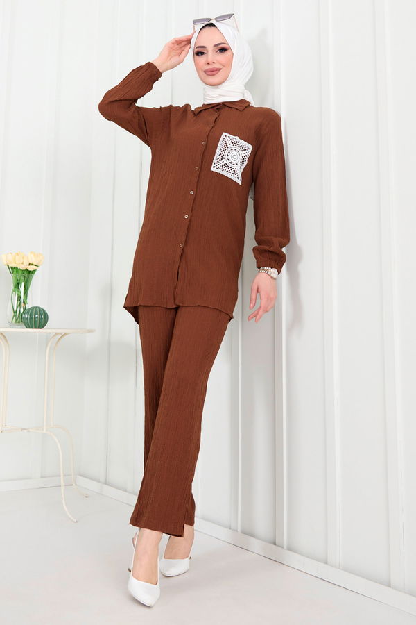 Düz Gömlek Yaka Kadın Kahverengi Tunik+Pantolon - 22290 KAHVERENGİ
