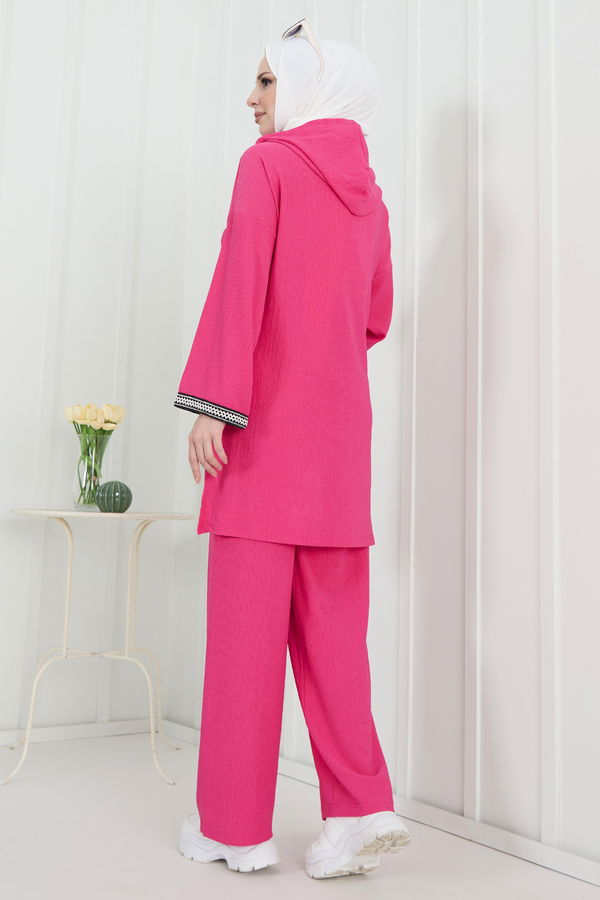 Düz Kapşonlu Yaka Kadın Fuşya Tunik+Pantolon - 22297 FUŞYA