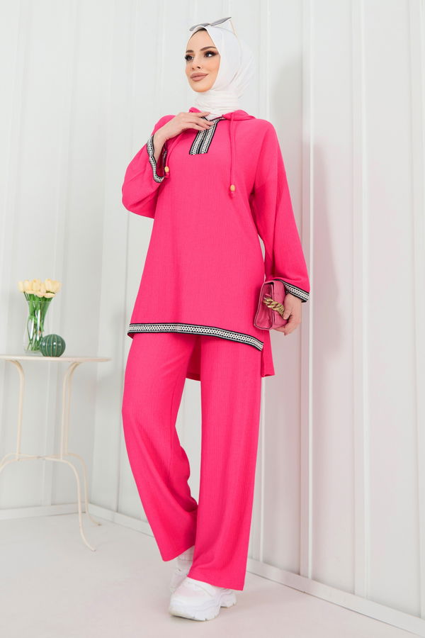 Düz Kapşonlu Yaka Kadın Fuşya Tunik+Pantolon - 22297 FUŞYA