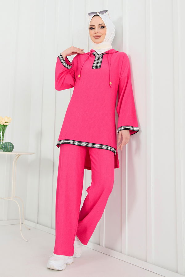 Düz Kapşonlu Yaka Kadın Fuşya Tunik+Pantolon - 22297 FUŞYA