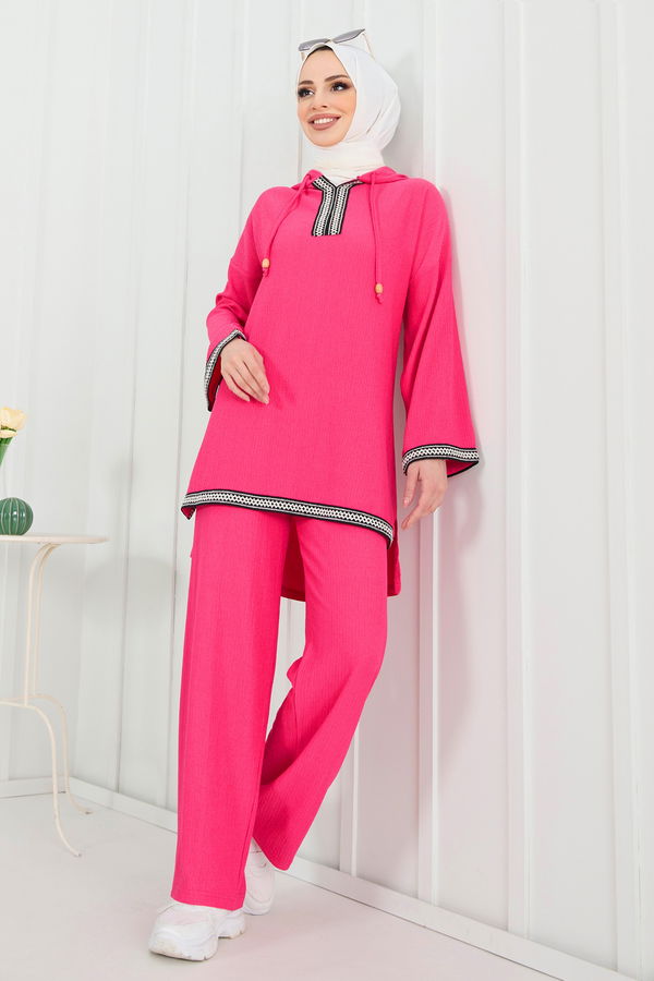 Düz Kapşonlu Yaka Kadın Fuşya Tunik+Pantolon - 22297 FUŞYA