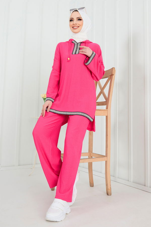 Düz Kapşonlu Yaka Kadın Fuşya Tunik+Pantolon - 22297 FUŞYA