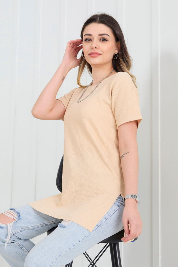 Düz Bisiklet Yaka Kadın Bej Bluz - 22381 BEJ