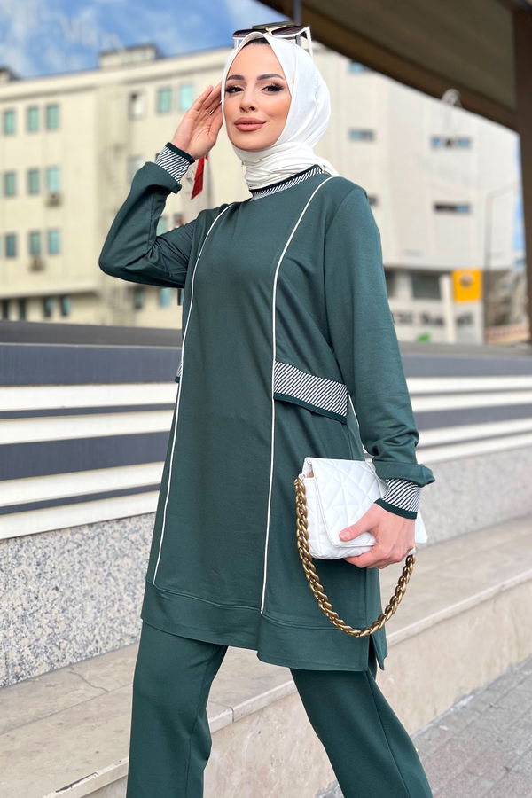 Düz Bisiklet Yaka Kadın Yeşil Tunik+Pantolon - 11597