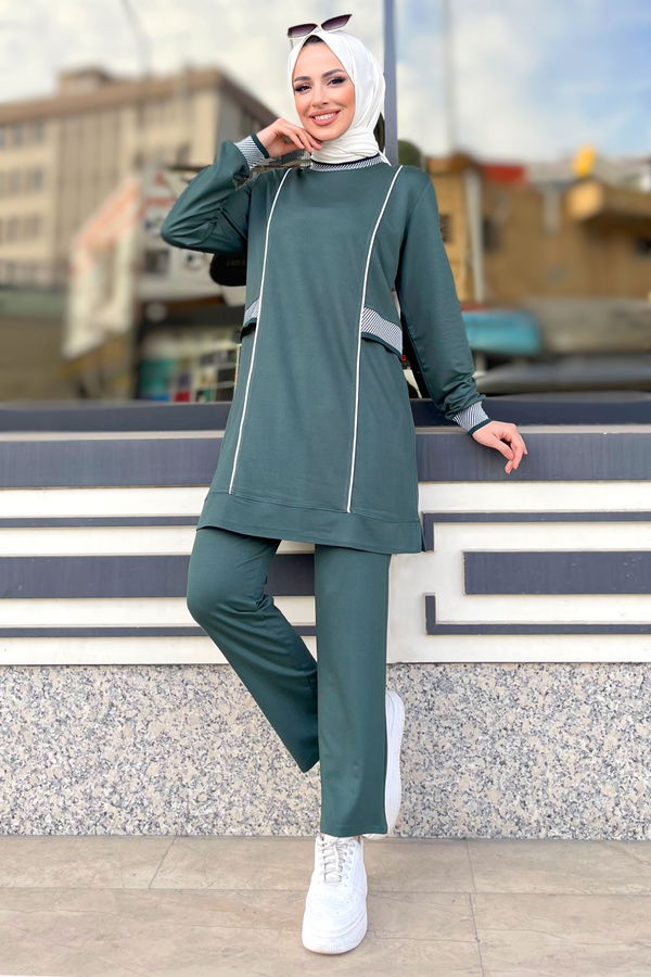 Düz Bisiklet Yaka Kadın Yeşil Tunik+Pantolon - 11597