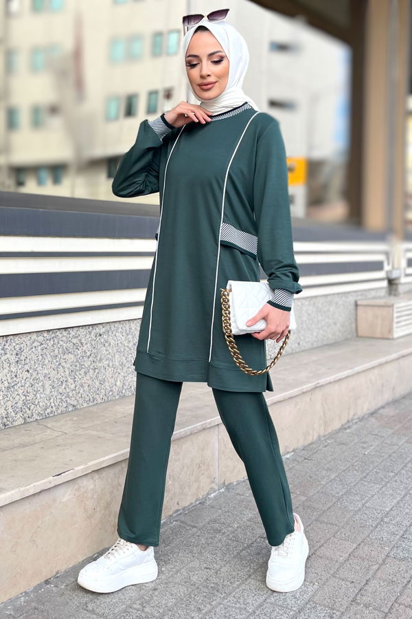Düz Bisiklet Yaka Kadın Yeşil Tunik+Pantolon - 11597