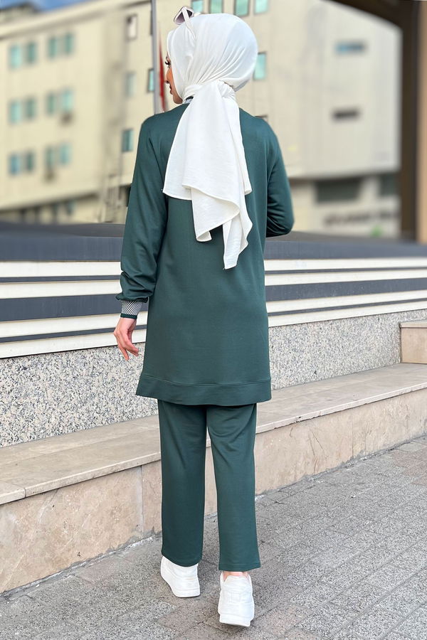 Düz Bisiklet Yaka Kadın Yeşil Tunik+Pantolon - 11597