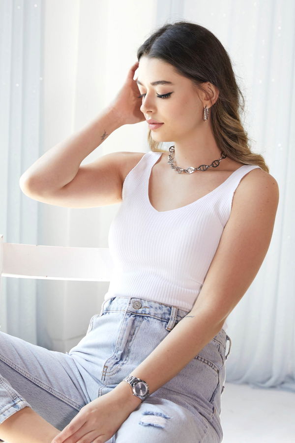 Düz Orta Kadın Beyaz Örme Atlet - 60033 BEYAZ