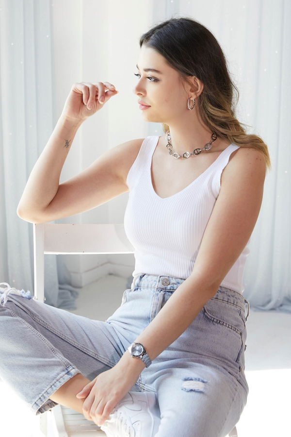 Düz Orta Kadın Beyaz Örme Atlet - 60033 BEYAZ