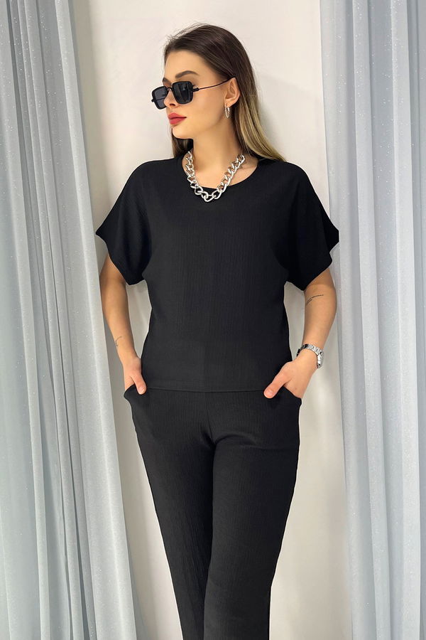 Düz Bisiklet Yaka Kadın Siyah Bluz+Pantolon - 22341