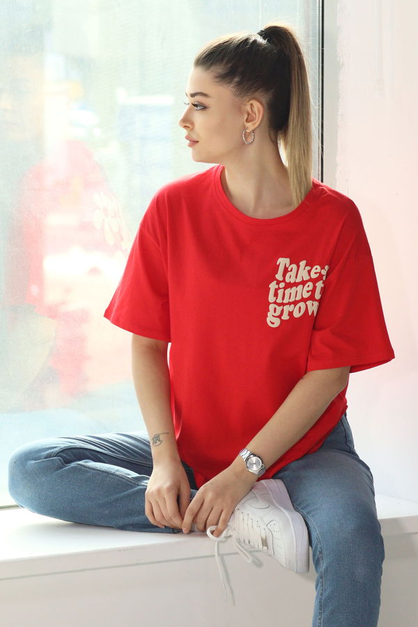 Düz Bisiklet Yaka Kadın Kırmızı T-Shirt - 22312