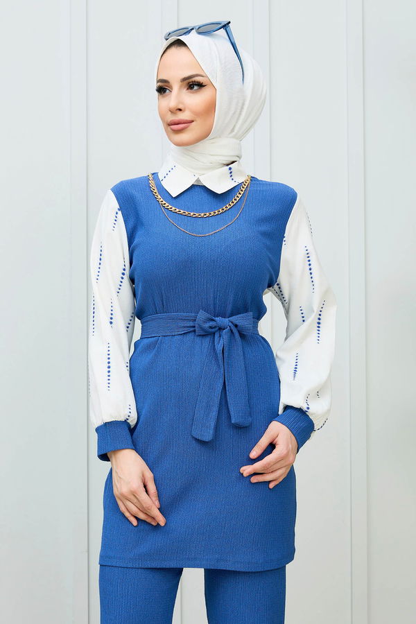 Düz Gömlek Yaka Kadın Mavi Tunik Pantolon - 21986