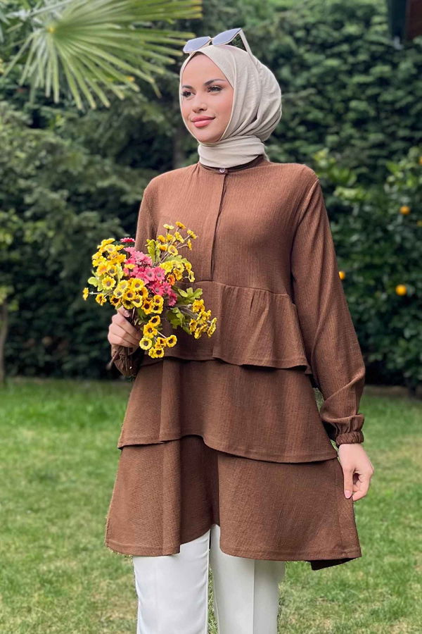 Düz Hakim Yaka Kadın Kahverengi Tunik - 11451