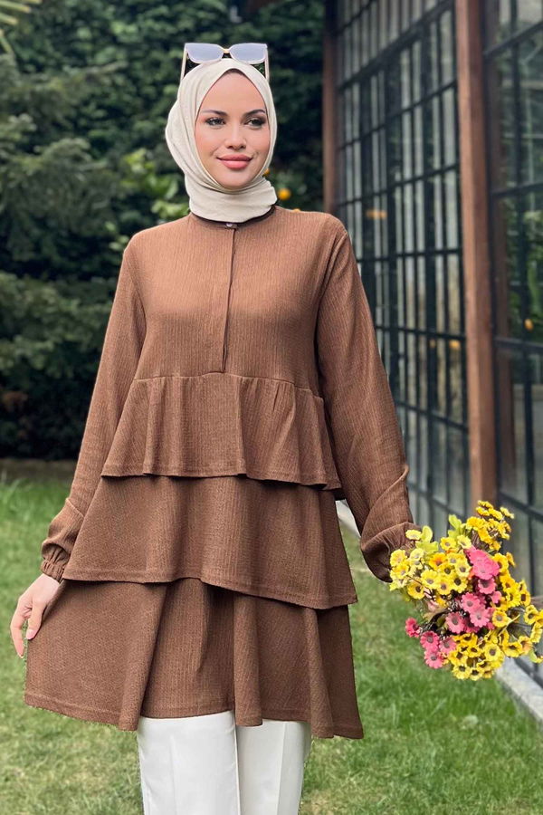 Düz Hakim Yaka Kadın Kahverengi Tunik - 11451