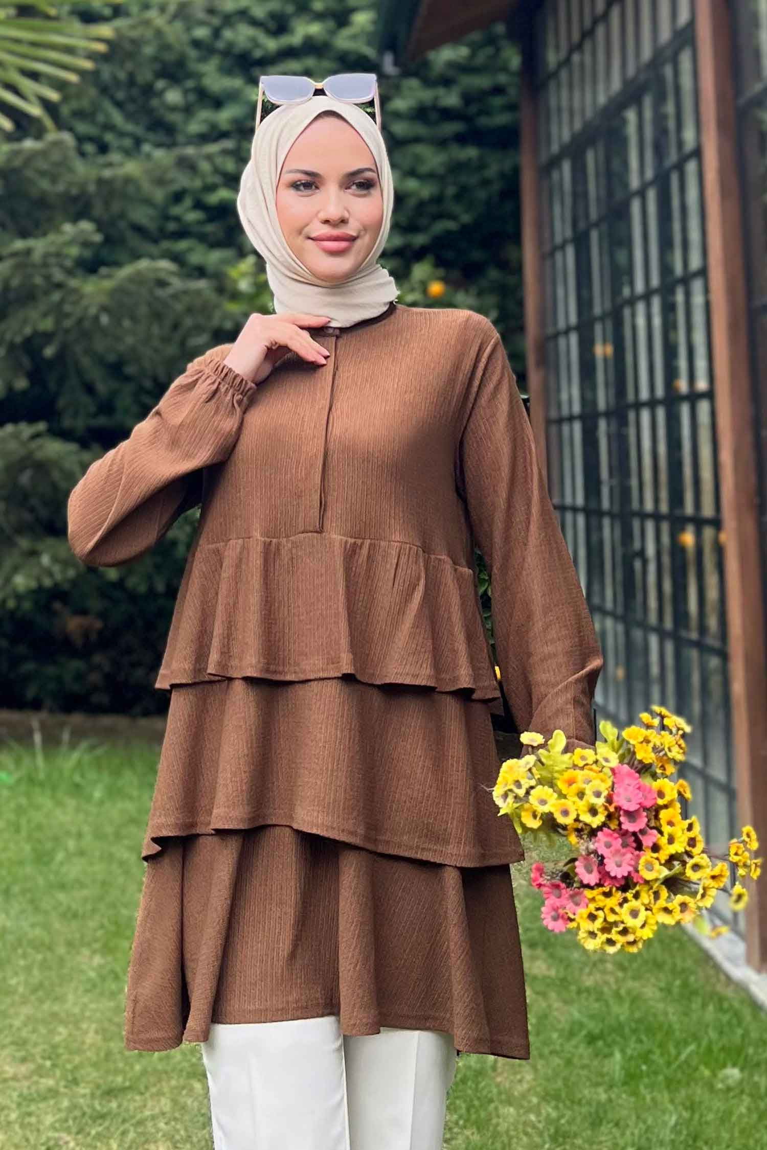 Düz Hakim Yaka Kadın Kahverengi Tunik - 11451