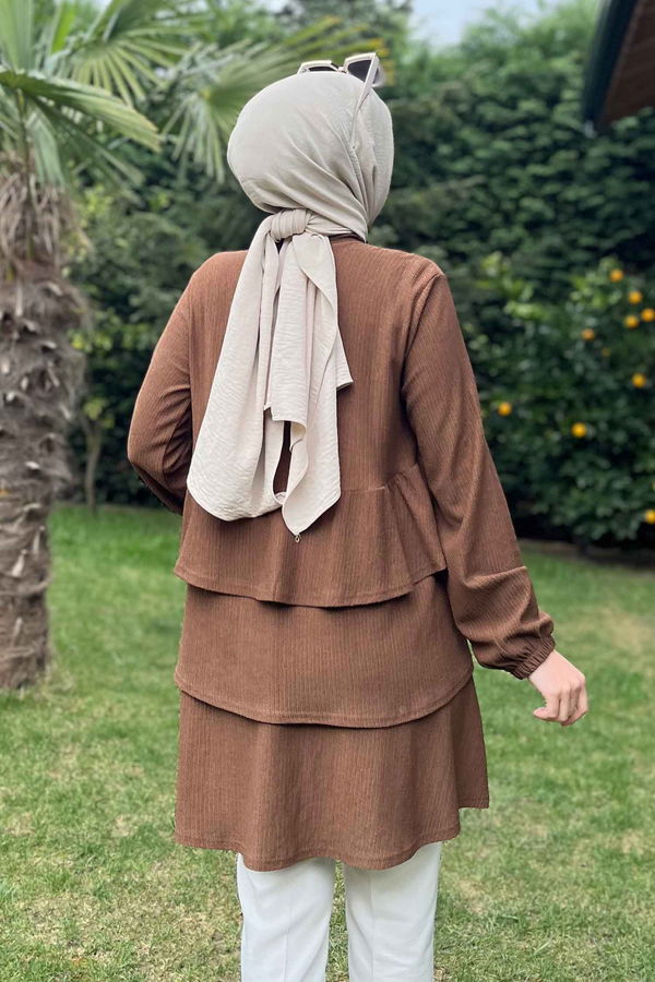 Düz Hakim Yaka Kadın Kahverengi Tunik - 11451