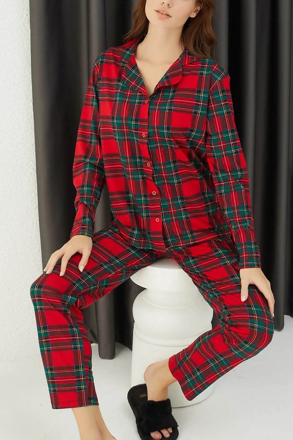 Düz Orta Kadın Kırmızı İkili Pijama Takımı - 60015 Kırmızı