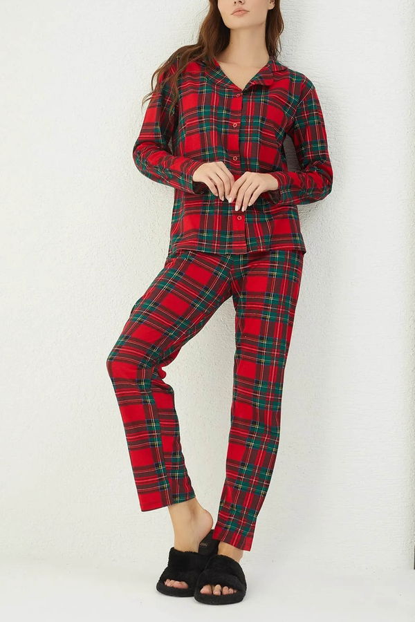 Düz Orta Kadın Kırmızı İkili Pijama Takımı - 60015 Kırmızı