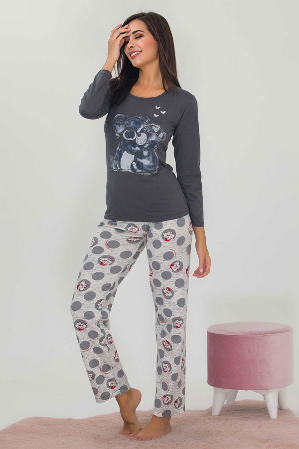 Düz Orta Kadın Gri Uzun Kol Pijama - 60007 GRİ