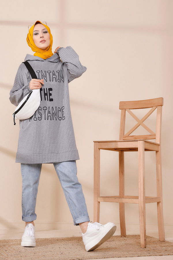 Düz Kapşonlu Yaka Kadın Gri SWEAT - 4185 GRİ